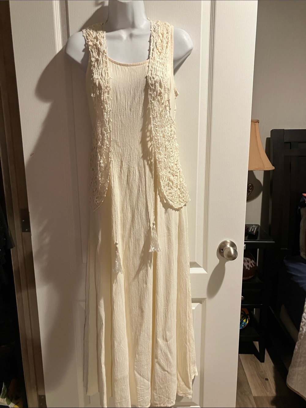 Scarlett  vintage Cream Crochet Knit vest. With Layered Dress and slip